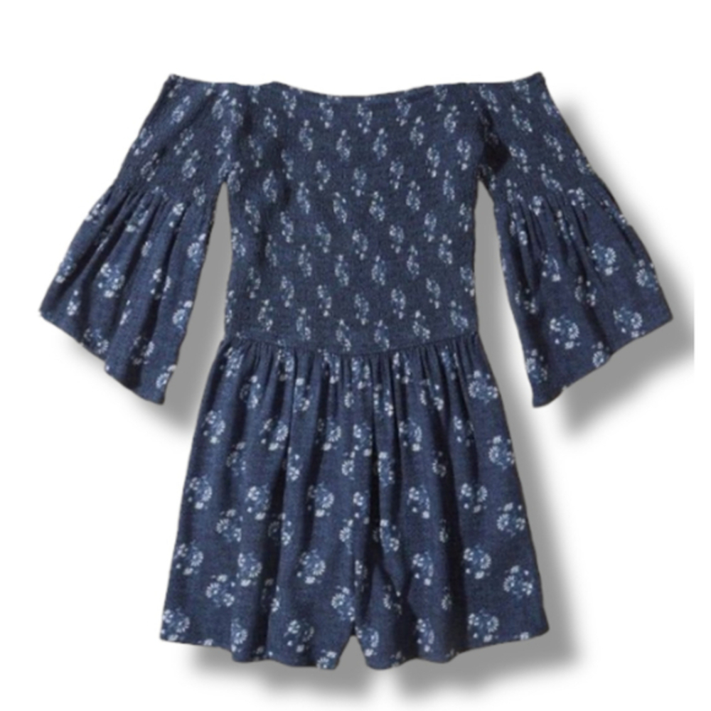 Hollister Romper Size S Navy Blue Floral Off Shoulder Smocked Y2K